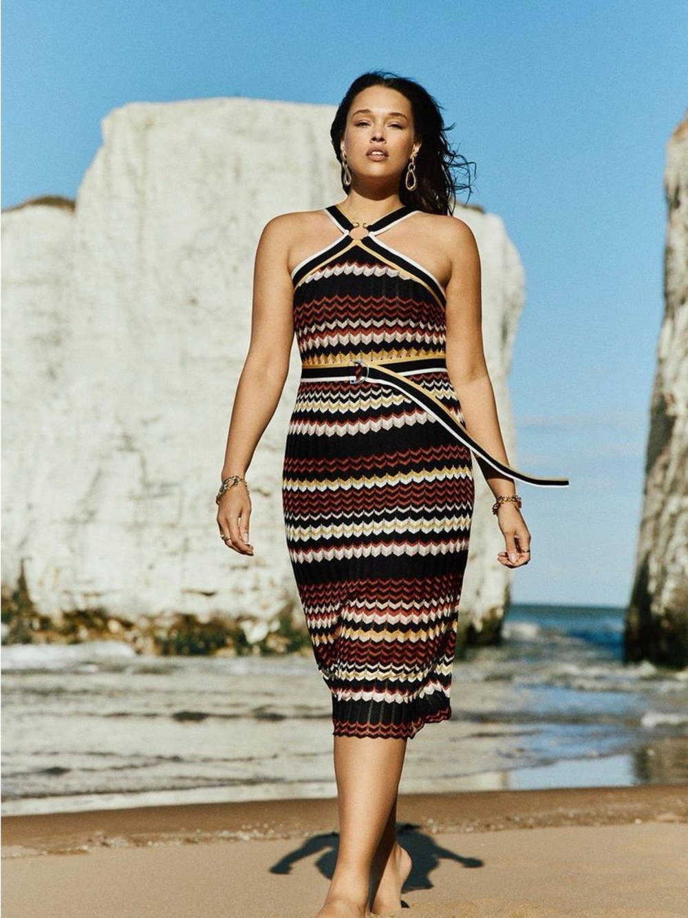Karen Millen Sleeveless Chevron Midi Dress in Black, Burgundy and Cream